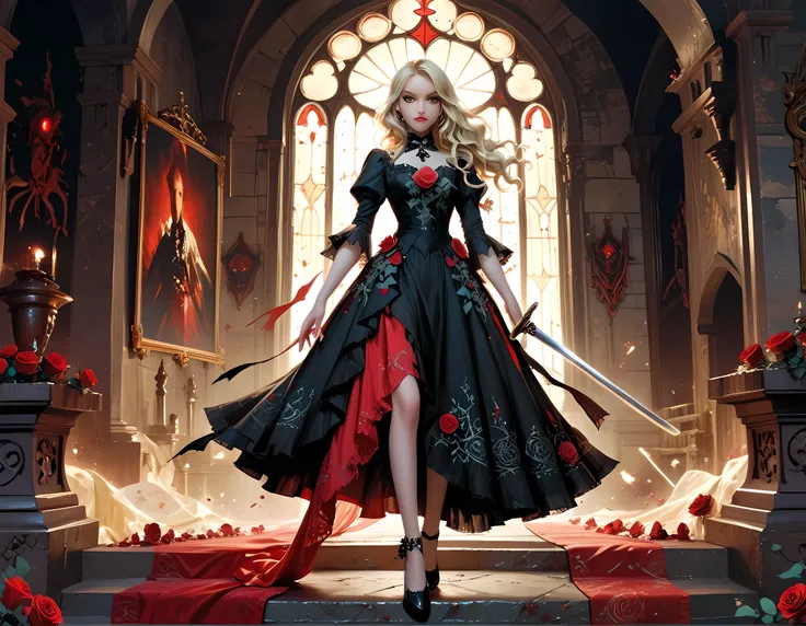 modisn disney, Arafed,  Dark fantasy art, fantasy art, goth art, a picture of a female vampire, pale white skin, blond hair, long hair, wavy hair, (glowing grey: 1.3) eyes, she wears a (red: 1.3) red thigh suit, she holds a sword in hand, (ready for battle...