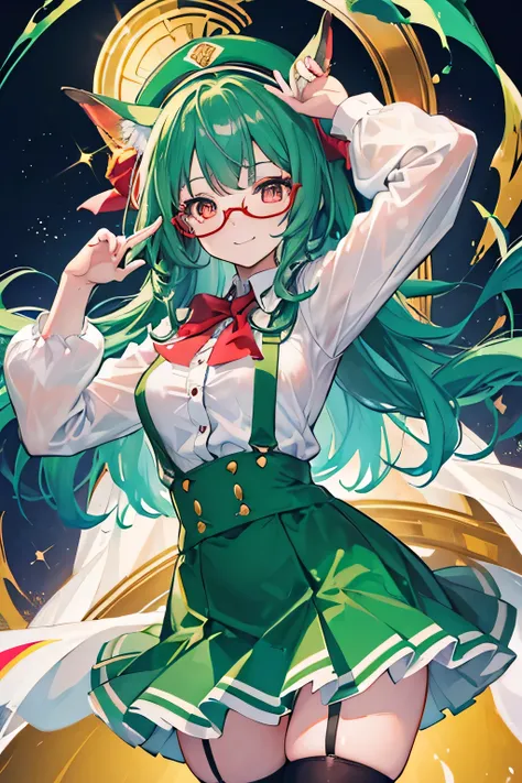 ((masterpiece,  is the best quality)), Aston Mahan (Uma Musume),,  Smile, Big ,  upper body, , Long sleeve,  White Shirt , frills, Green Skirt, Button,  black stockings , Suspenders, , Wearing glasses, Red frame glasses, red hat crown, ,  crazy eyes , Glow...