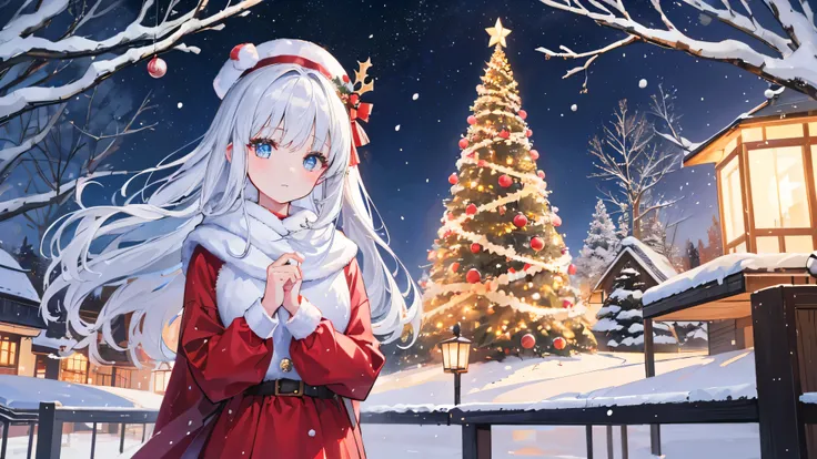 A girl、 The winter tree is beautifully decorated with sparkling lights and ornaments {x} Of snow looking at the Christmas tree in warm clothes Rainy night scene。 The big tree is beautifully decorated with sparkling lights and ornaments 、It emits a gentle l...