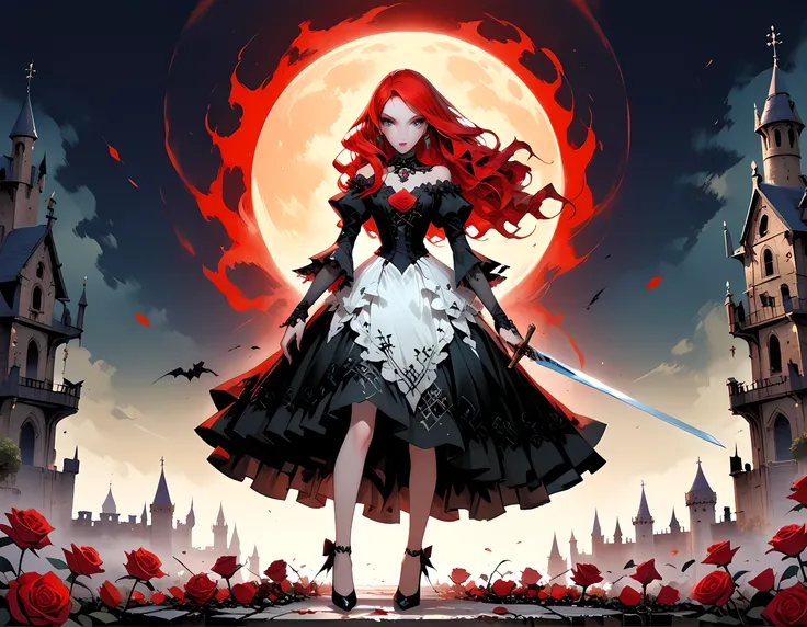 modisn disney, Arafed, Dark fantasy art, fantasy art, goth art, a picture of a female vampire, pale white skin, blond hair, long hair, wavy hair, (glowing grey: 1.3) eyes, she wears a (red: 1.3) red thigh suit, she holds a sword in hand, (ready for battle...