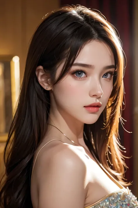 Super premium graphics，8K HD CG works，high quality graphics，High-definition and exquisite CG works，Ultra-fine details：1.1，Realistic photo effects，Interior lighting effects：1.5，natural soft light：1.5,（Virtual light effects：1.8），shining dress，sliver long hai...