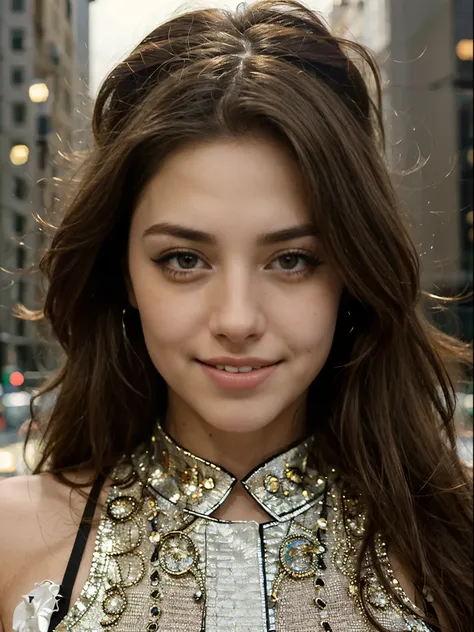 ((best quality)), ((masterpiece)), (detailed), perfect face epiCRealLife, Hyper Realistic, Portrait, close up, beautiful girl, big smile, brunet, City lights in the back ground, Long hair. Mexican and Greek heritage, hazel eyes, Glitter eyes.