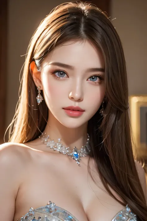 Super premium graphics，8K HD CG works，high quality graphics，High-definition and exquisite CG works，Ultra-fine details：1.1，Realistic photo effects，Interior lighting effects：1.5，natural soft light：1.5,（Virtual light effects：1.8），shining dress，sliver long hai...