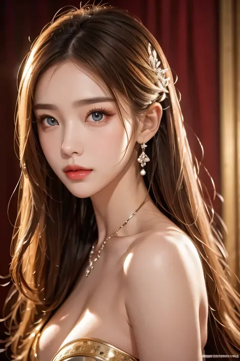 Super premium graphics，8K HD CG works，high quality graphics，High-definition and exquisite CG works，Ultra-fine details：1.1，Realistic photo effects，Interior lighting effects：1.5，natural soft light：1.5,（Virtual light effects：1.8），shining dress，Brown long hair...