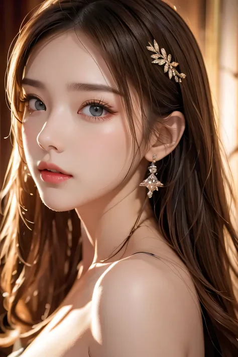 Super premium graphics，8K HD CG works，high quality graphics，High-definition and exquisite CG works，Ultra-fine details：1.1，Realistic photo effects，Interior lighting effects：1.5，natural soft light：1.5,（Virtual light effects：1.8），shining dress，Brown long hair...