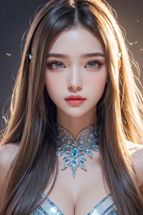 Super premium graphics，8K HD CG works，high quality graphics，High-definition and exquisite CG works，Ultra-fine details：1.1，Realistic photo effects，Interior lighting effects：1.5，natural soft light：1.5,（Virtual light effects：1.8），shining dress，Brown long hair...