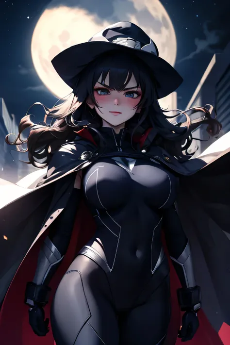 Masterpiece, Best Quality, Hi-Res, source_anime, (good_hands:0.9) , 1girl, superhero, smile, black eyes, black hair, curly long hair, huge breast, curvy body, superhero suit, cape, superhero cap, High Contrast Glossy Oily Skin, battleground, blushing, shoc...