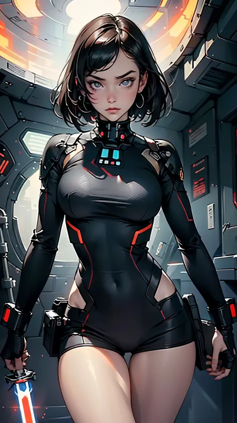 best quality，master piece，High resolution，1 girl，Female body defines thick thighs cybernetic body part，short underwear，Science fiction，big breasts，seductive gesture。High resolution, 8k, Inside the spaceship in the background, perfect eyes, thigh gap、young ...