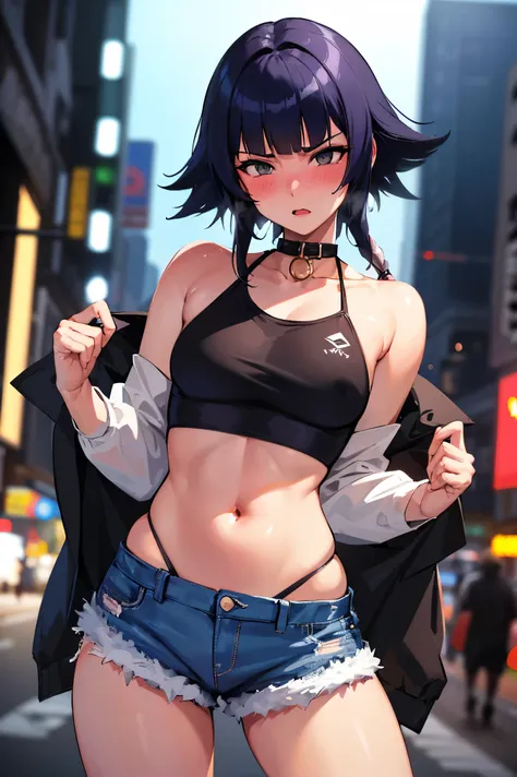 NSFW,masterpiece, best quality, high definition , very detailed,Soi Fon, shorthair 、 long hair, off-shoulder , Crop Top ,Belly button, denim shorts ,Embarrassed,blush, surprised expression,Nightlife,Outdoor, NEON STREET ,Do prostitution