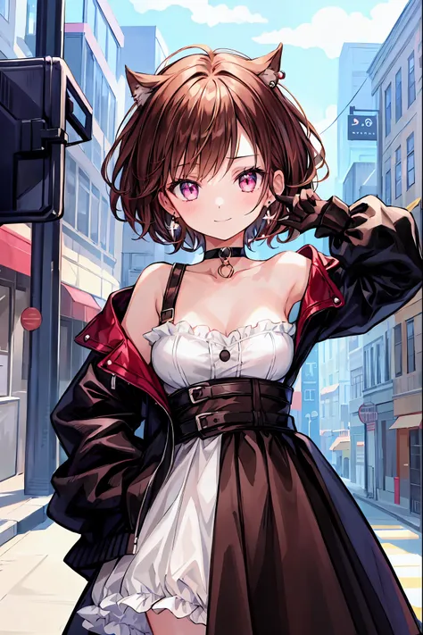  one girl , Anime_Coloring, black_eye, black_Gloves, brown_hair,  choker,  earrings for a woman alone, Gloves,  jewelry, Mailbox,  parody in hin, short_hair, smile, Alone,  style _ parody in hin,  