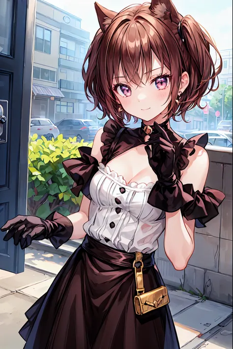  one girl , Anime_Coloring, black_eye, black_Gloves, brown_hair,  choker,  earrings for a woman alone, Gloves,  jewelry, Mailbox,  parody in hin, short_hair, smile, Alone,  style _ parody in hin,  