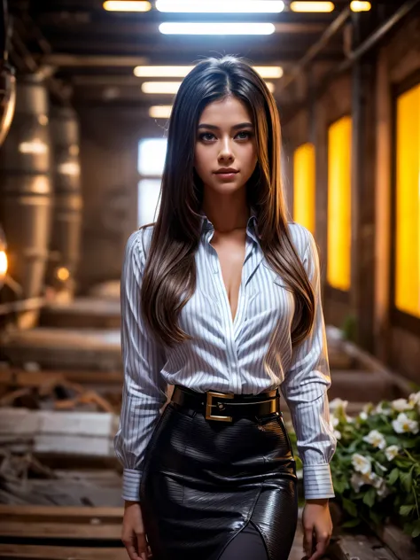 from above, gorgeous woman (Cristy Ren), a librarian, professional hairstyle, perfect eyes, high arched eyebrows, (professional silk blouse with stripe pattern:1.3), (long black pencil skirt with big belt:1.2), backlight on hair, shallow depth of field, fa...