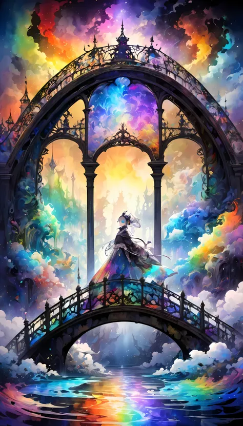 glass art 水彩画 style, An old bridge surrounded by Phantasmal iridescent fogs, DEADY ANTIQUES , 
It continues from front to back, Floating in the dark, BREAK We will lead you to a colorful world of art, 