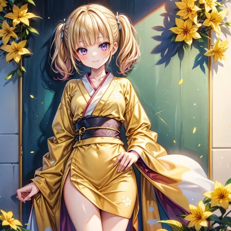 1girl, solo, full body, beautiful illustration, happy smile, cute girl, pastel color, petite body, medium breasts, light blonde hair, BREAK, short hair, low twintail hair, blunt bangs, wearing yellow kimono with long hanging sleeves worn, Forsythia pattern...