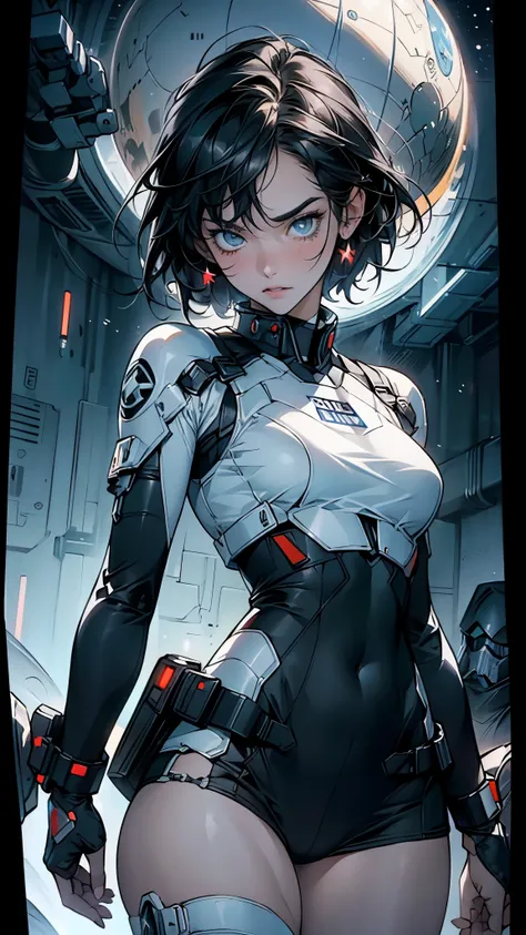 best quality，master piece，High resolution，1 girl，Female body defines thick thighs cybernetic body part，short underwear，Science fiction，big breasts，seductive gesture。High resolution, 8k, Inside the spaceship in the background, perfect eyes, thigh gap、young ...