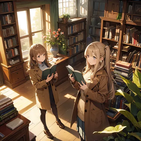 bright library , people who read,  light shining on an old bookshelf, sunshine, plants, flower,  light brown coat , argyle, made...