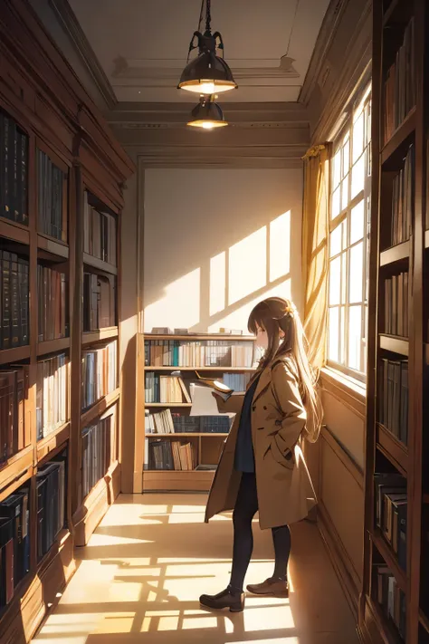 bright library , people who read,  light shining on an old bookshelf, sunshine, plants, flower,  light brown coat , argyle, made...