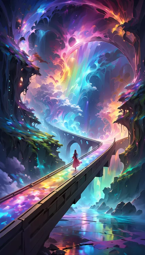 An old bridge surrounded by Phantasmal iridescent fogs, Floating in the dark, We will lead you to a colorful world of art, 