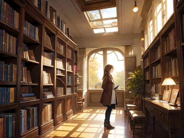 bright library , people who read,  light shining on an old bookshelf, sunshine, plants, flower,  light brown coat , argyle, made...