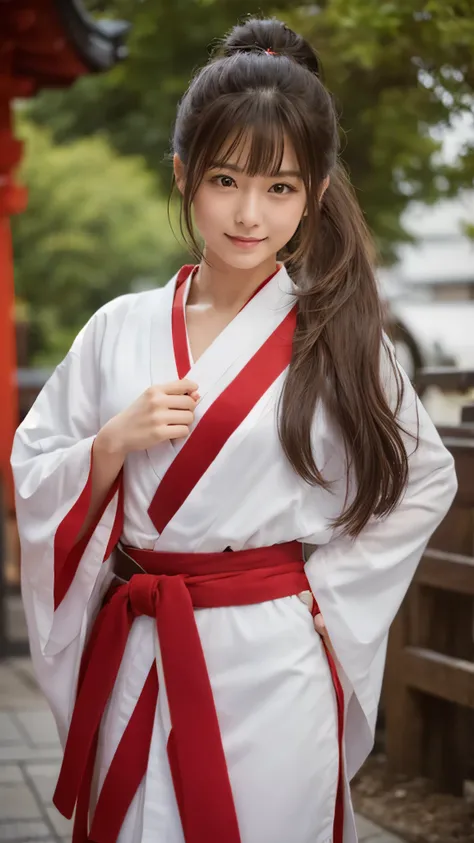 (8k, Photo quality), (Beautiful Japanese woman, ), (A beautiful red belt,  white kimono), A kendo practitioner wields a sword, ( model body type , Long legs), (Right arm forward , Put your left foot forward  ), (  dark brown long hair  ,  ponytail),  Deep ...