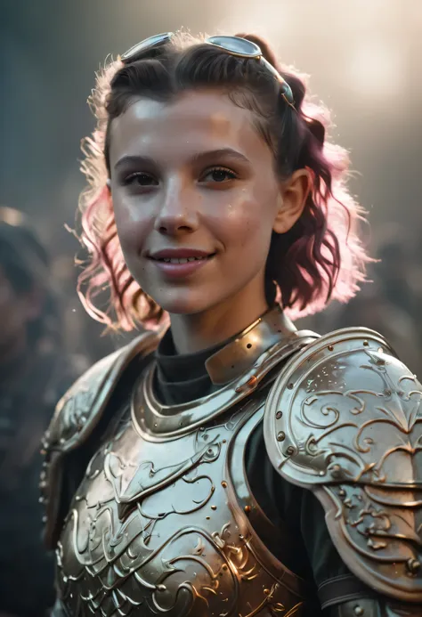 ((high resolution)), ((pale skin)), freckled, millie bobby brown, blushing cheeks, wavy hair, smiling, naked, fantasy warrior, s...