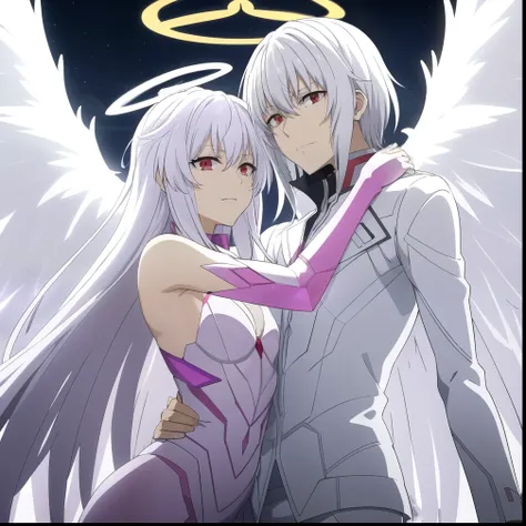 Anime couple hugging each other with wings in the air, silver wings, Eros and Thanatos, neon genesis evangelion fanart, purple and vermilion , in style of cytus and deemo, by Shingei, Kaworu Nagisa,  ice-silver color reflected in the , anime cel shading, o...