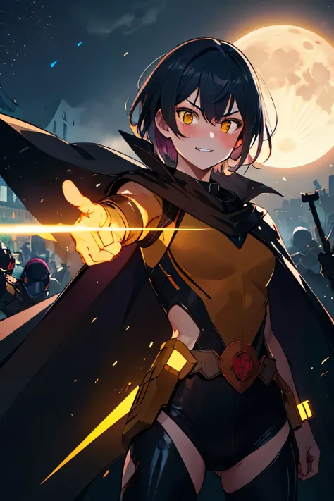 Masterpiece, Best Quality, Hi-Res, source_anime, (good_hands:0.9) , 1girl, superhero, smile, short hair, black hair, yellow eyes, eyesgen, glowing eyes, focused eyes, cape, superhero, black suit, yellow inner, High Contrast Glossy Oily Skin, battleground, ...