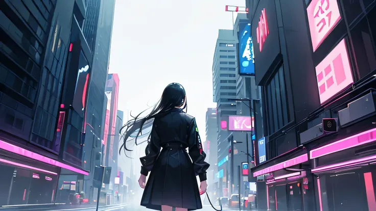 ((best quality)), ((masterpiece)), (detailed), One Woman、Long black hair、A back view of a man walking through a futuristic neon city, wearing headphones .night