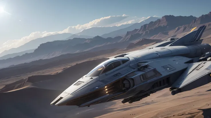 hyper realistic image of a close up of a spaceship flying over a desert area, world of war spaceships, space opera and dystopian style, star citizen digital art, sulaco star destroyer drop ship, star citizen halo, star citizen, star citizen concept art, st...