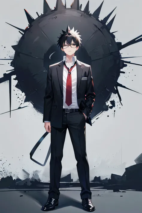  black hair,  black eyes, male focus,   school uniform, shirt, Spiked Hair, whole body, whole body, Glasses, Standing