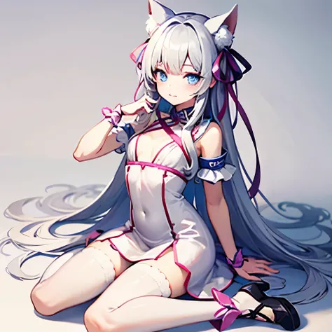  Her hair is about the length of her gray chest with long pink ribbons and makes a half twin。White skin and light blue eyes 。 clothes are white uniform-like dresses with white leg warmers
Full body illustration of a cute girl model in a stylish Vtuber wear...