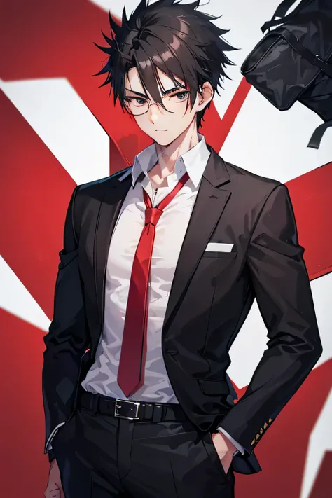  black hair,  black eyes, male focus,   school uniform, shirt, Spiked Hair, Glasses, Standing, red tie, above the knee,detailed face
