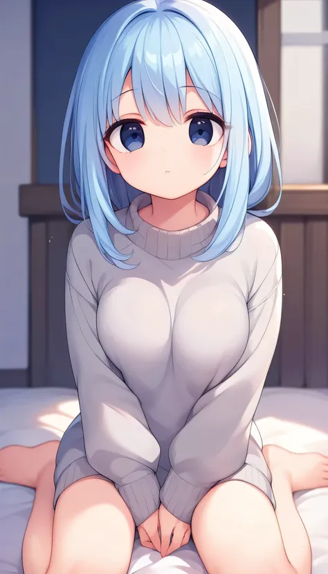 best quality、high image quality、8k、 1 girl、 long sky blue hair 、 dark eyes、 medium breasts、grey sweater、moe sleeves、sitting down...