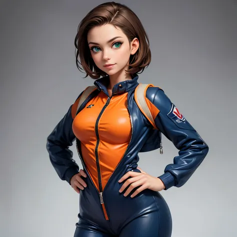 (photorealism:1.2), beautiful woman, wearing navy blue pilot jumpsuit, tight jumpsuit, short light brown hair, green eyes, slightly smiling, no background, standing pose, realistic, intricate details, warm colors 