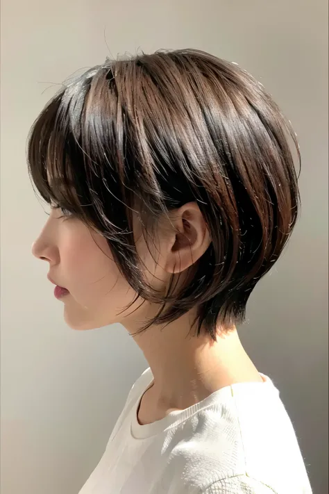 、woman、 profile、Bob falling forward and left cut、Japanese、Realistic、Immersed in light、knit、 has a white background、indoor