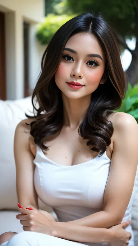 1 matured malay girl with short brown hair, Gorgeus Girl, Beautiful, Baby Face, 20 Years Old, White Skin, red lipstick, sensual Lipstick, Sensational Make up, Colossal Breasts, Beside, Sexy Pose, White Loose Halfway Dress, Blue Eye, Muscles, Bokeh, Modern ...