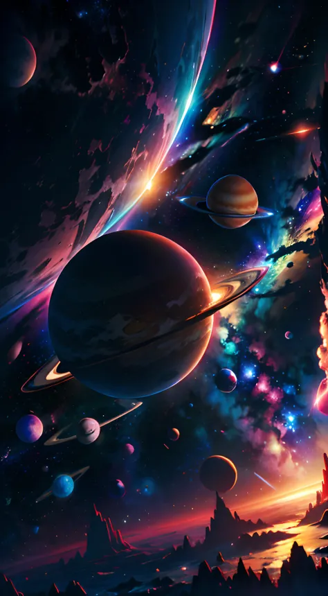 space with all planets blue and pink color with background of bright white stars in the style of Miyazaki, —air 21:9, quality 4k