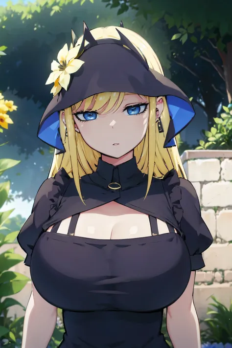 Blonde hair, very huge tits , (((black dress))),  thick, busty, blue eyes, headgear, ((upperbody)), emotionless, cleavage, flower garden