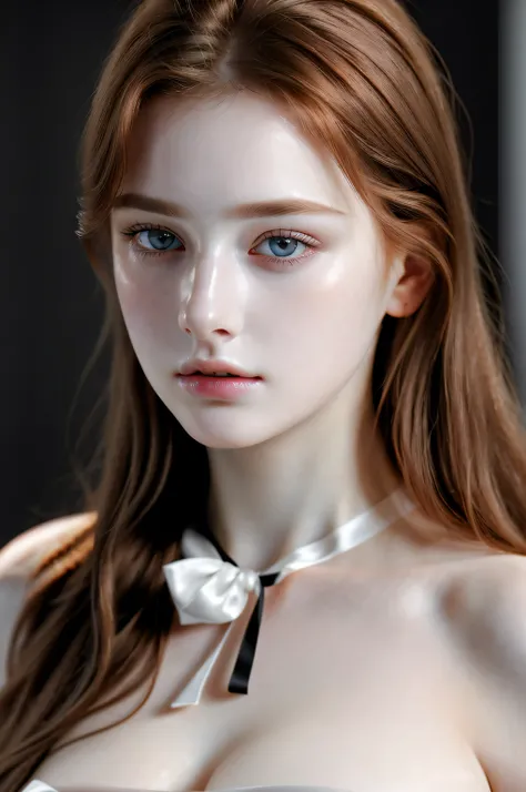 (photorealistic), best compositin, close up photo of a breath taking beautiful 18yo Russian supermodel, alluring expression, symmetric face, slightly curvy ginger hair, pale skin, natural facial skin without make-up, k pop, nude, naked, big breasts, impres...