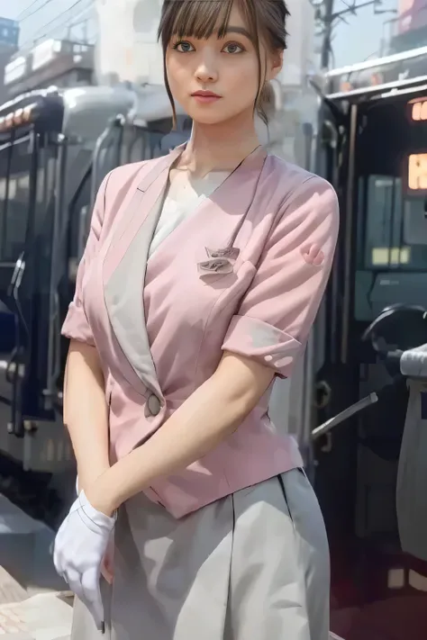 (masterpiece:1.2, best quality:1.2), 32kHDR, there is nothing, (Alone、 1 girl)、( Rooftop of a building during the day 、Professional Lighting)、With the roof of the building in the background 、( Nankai train crew uniform real style wearing pink )、(( Nankai...