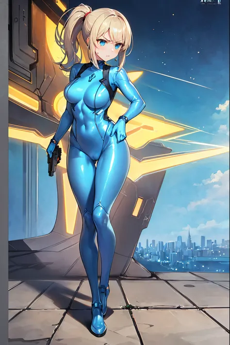 masterpiece, best quality, integrated scenery, integrated background, extremely delicate and beautiful, meticulous details, good composition, , cute face, perfect face, perfect hands,  1girl, Samus Aran (Metroid) ,solo, ponytail, blond hair, (metallic_blue...