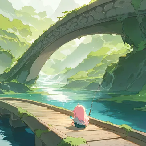 masterpiece, best quality, ultra-detailed, pastel tones, 
theme color green,chibi, masterpiece, best quality, 8k, highres, ultra-detailed, chibi, 1girl,girl close up, back view, long hair, pastel hair color, holding fishing rod, enjoying fishing,indian style sitting, ancient bridge, moss covered, overgrown vines, sitting on bridge, dense fog, soft light, tranquil atmosphere, muted colors, serene landscape, ethereal ambiance, weathered materials, diffuse lighting, mystical environment, lake, fish poking head out of water, playful, cute, foggy effect covering the scene