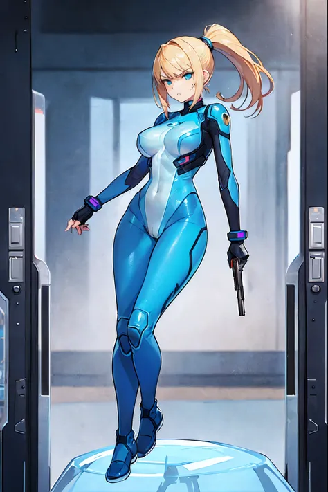 masterpiece, best quality, integrated scenery, integrated background, extremely delicate and beautiful, meticulous details, good composition, , cute face, perfect face, perfect hands,  1girl, Samus Aran (Metroid) ,solo, ponytail, blond hair, (transparent_b...