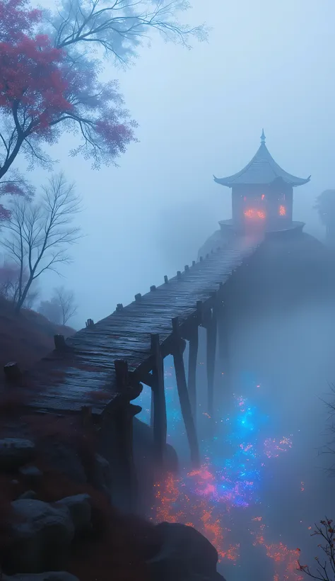 a decrepit old wooden bridge emerging from thick fog, silhouetted against the mist, details and existence of the bridge obscured...