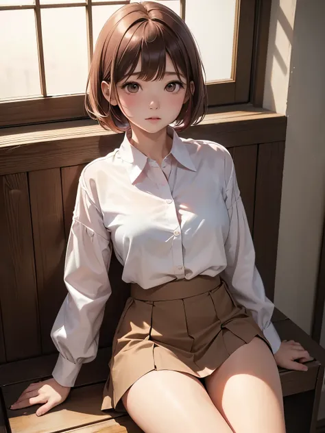 (    best quality ,8k,masterpiece),      Japanese female idol、 cute、 white shirt、Sit down、Sit with your knees hugged、True Face、 Pink Panties、 shorthair 、 brown hair、 embarrassed expression、 red cheeks 、 young woman 、sheer blouse、 no skirt 、Open your legs a...