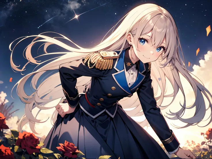 One person、solo、Human Girl、Human Ear、(Blue military uniform)、(blue ruffle long skirt)、smile、 slouching forward、 slouching forward、Kneel、Focus on the chest、Rose Garden、 starry sky 、High image quality、Masterpiece、correct、解剖学的にcorrect、number々award、 best quali...