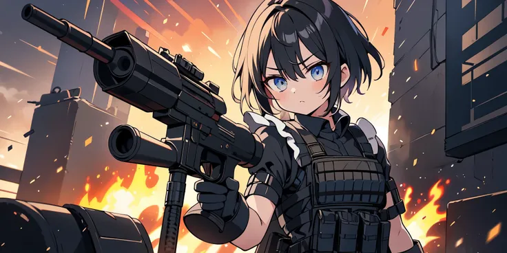 (Anime style),high quality, 1girl, maid, Tactical maid, tactical outfit, stiff tactical vest, tactical gloves, tactical command, tactical accessories, explosions in the background, gun standoff scene, in the middle of crossfire, bullets passing at her side...