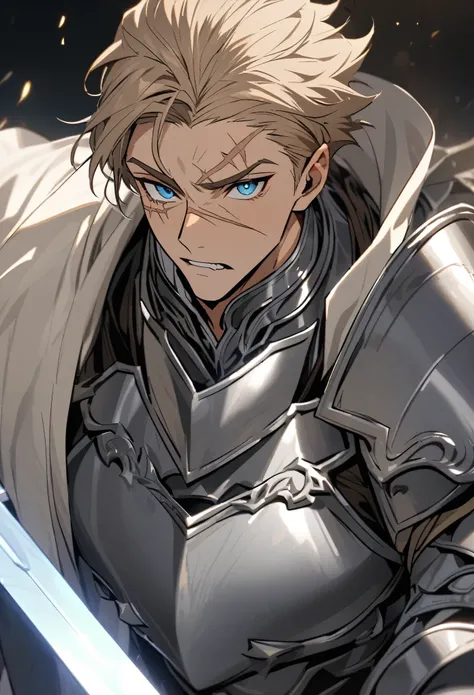 Light brown haired man , muscular, clear and attractive blue eyes,  marked jaw , upturned nose, scar on left eye almond-shaped eyes, piel Blanca,  gentleman in gray armor and his sword La Escalibur. That it is super attractive and masculine