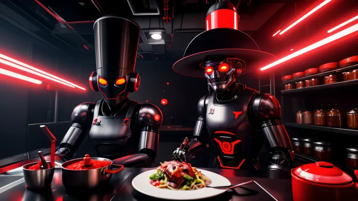 "A sinister-looking AI robot chef with glowing red eyes wearing a glitched chefs hat, sparks flying, digital corruption effects, dark kitchen background, hyperrealistic 3D render, dramatic lighting, 8k quality"