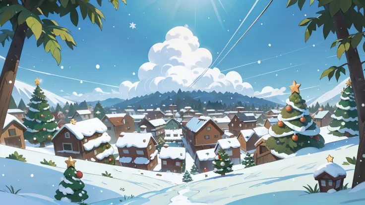 cobertura de neve, in a panoramic view, frente , studio ghibli christmas , landscape